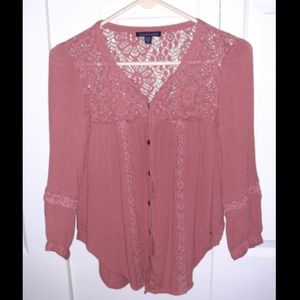AEO Lightweight Buttondown Blouse with Lace Detail